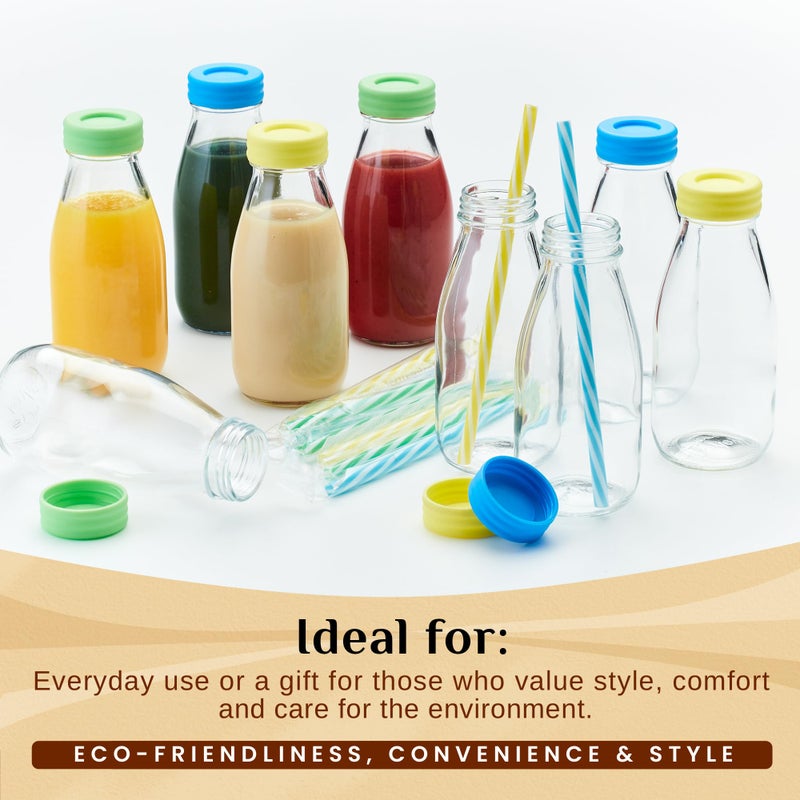 Hayley Cherie 10 oz Glass Milk Bottles with Lids & Straws (9 Pack) Small Airtight Glasses with Caps, Reusable Juicing Bottles for Yogurt, Water, Juice, Smoothies, Drinking, Kids Lunch, Mini Vintage Jars, Container - Image 5